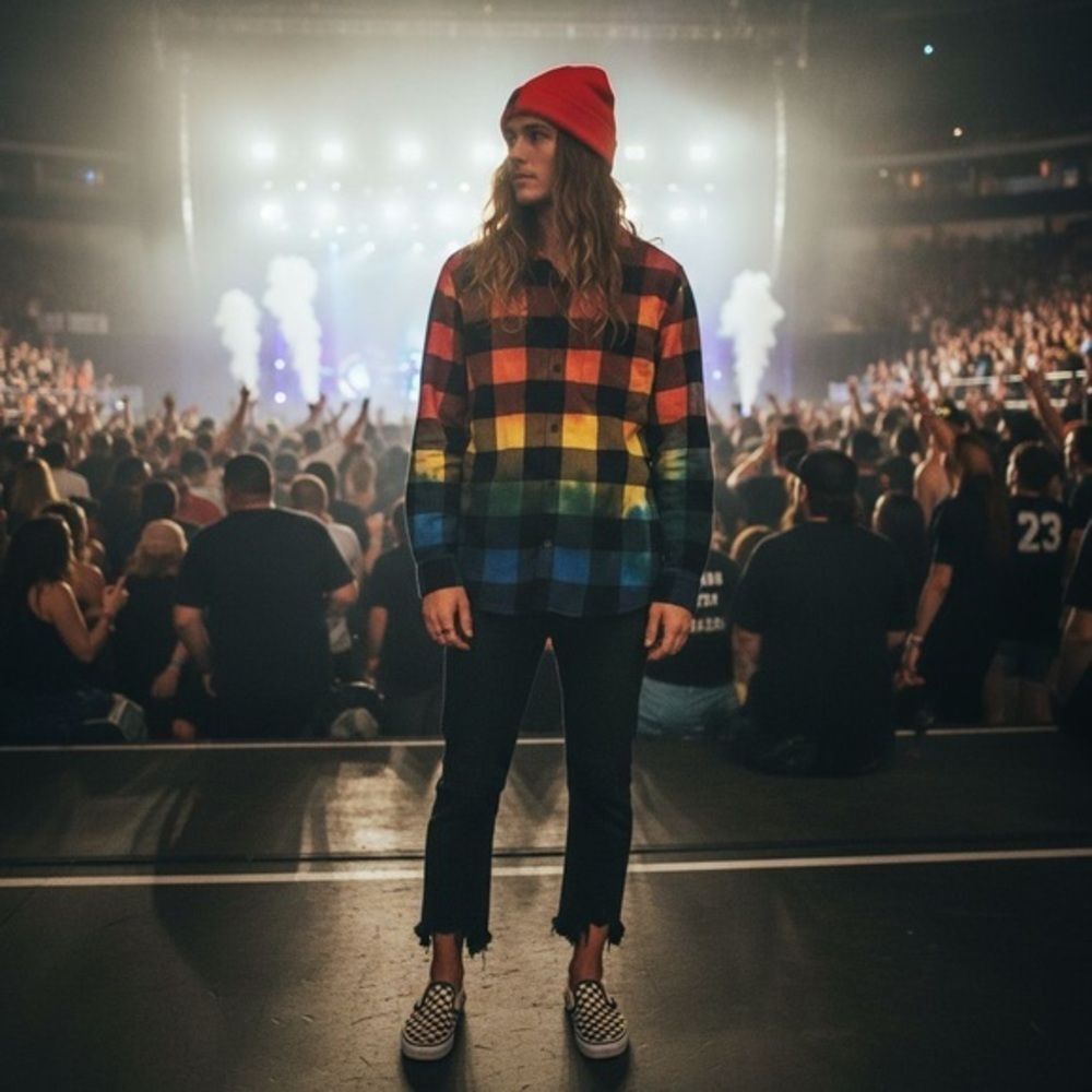 Upcycled H&M Flannel Buffalo Plaid hand dyed rainbow medium